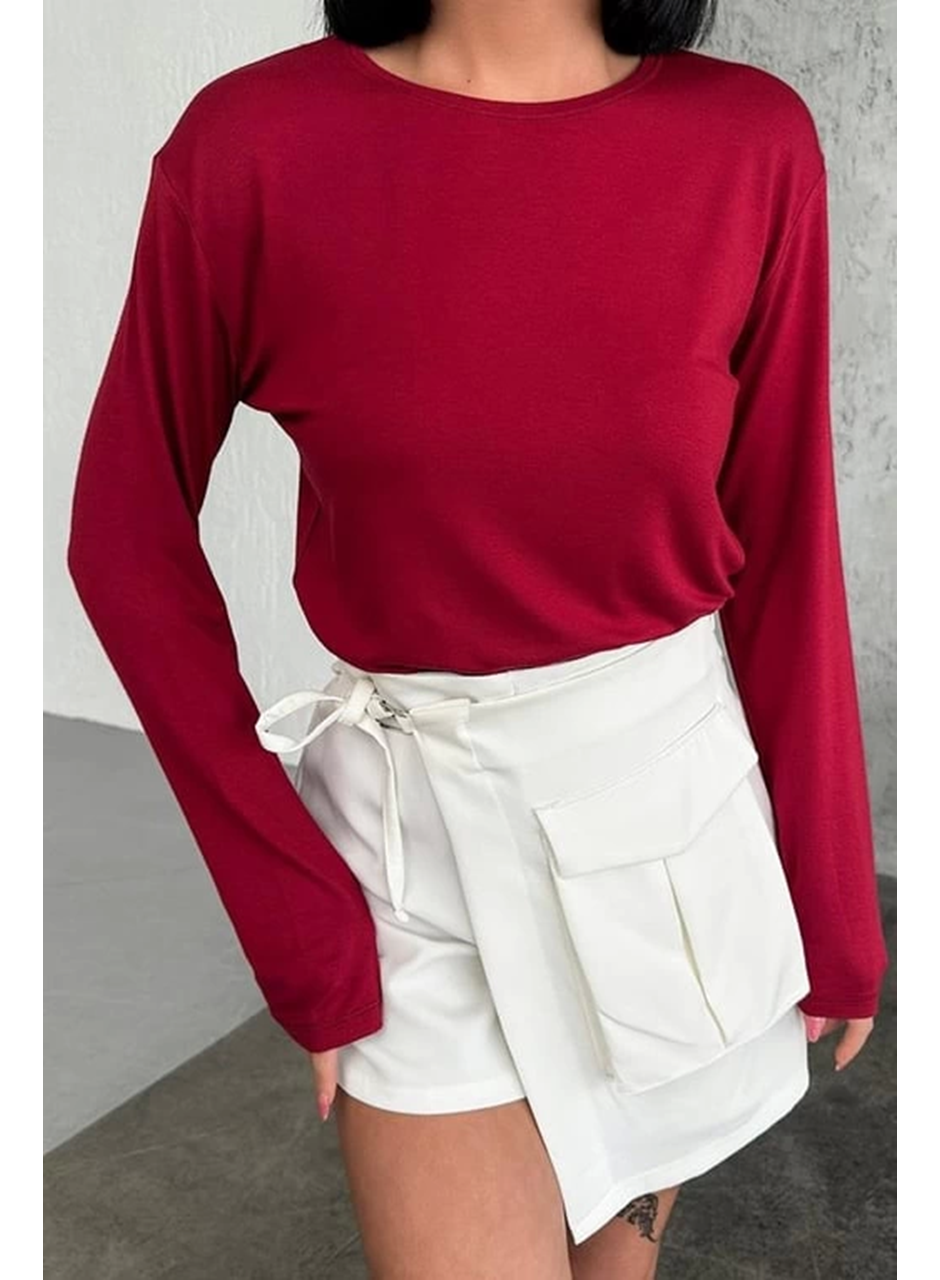 Rahat Ve Şık Uzun Kollu Bisiklet Yaka Likralı Viskon Penye Body Bordo (