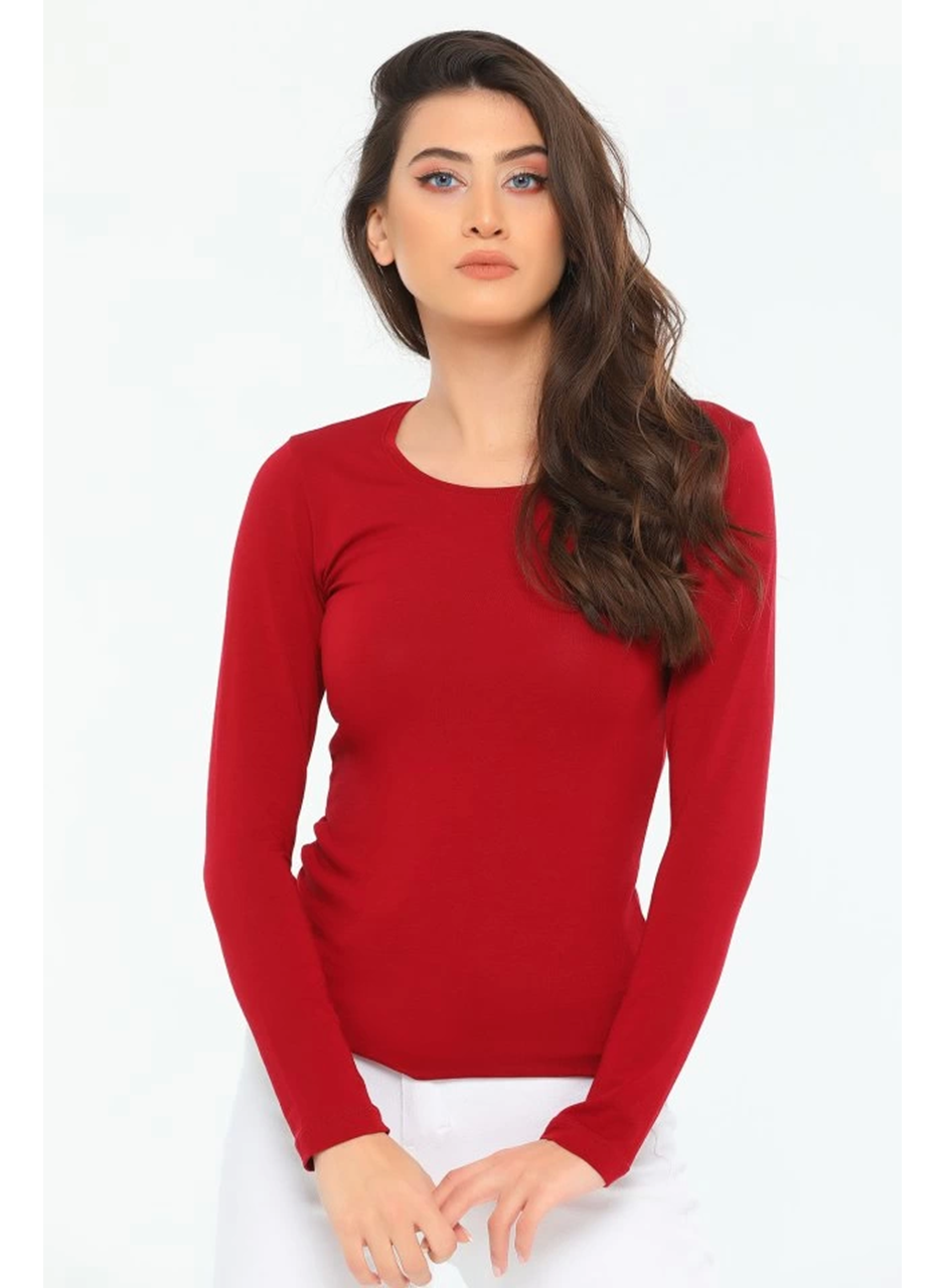 Rahat Ve Şık Uzun Kollu Bisiklet Yaka Likralı Viskon Penye Body Bordo (