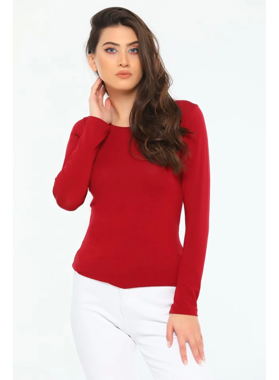 Rahat Ve Şık Uzun Kollu Bisiklet Yaka Likralı Viskon Penye Body Bordo (