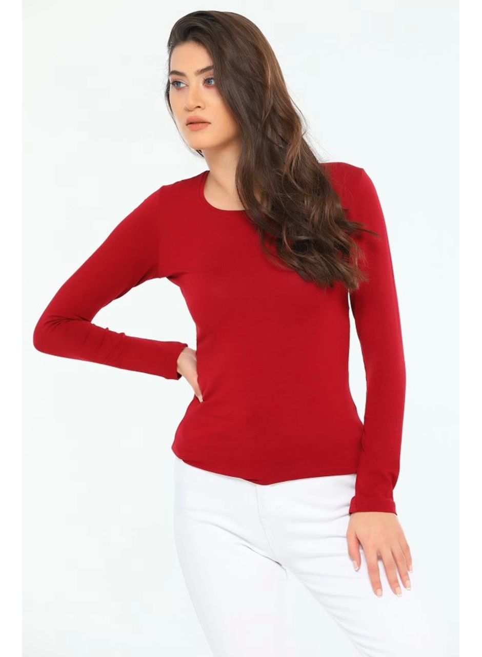 Rahat Ve Şık Uzun Kollu Bisiklet Yaka Likralı Viskon Penye Body Bordo (