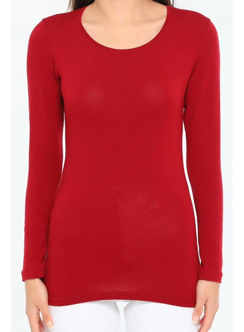 Rahat Ve Şık Uzun Kollu Bisiklet Yaka Likralı Viskon Penye Body Bordo (