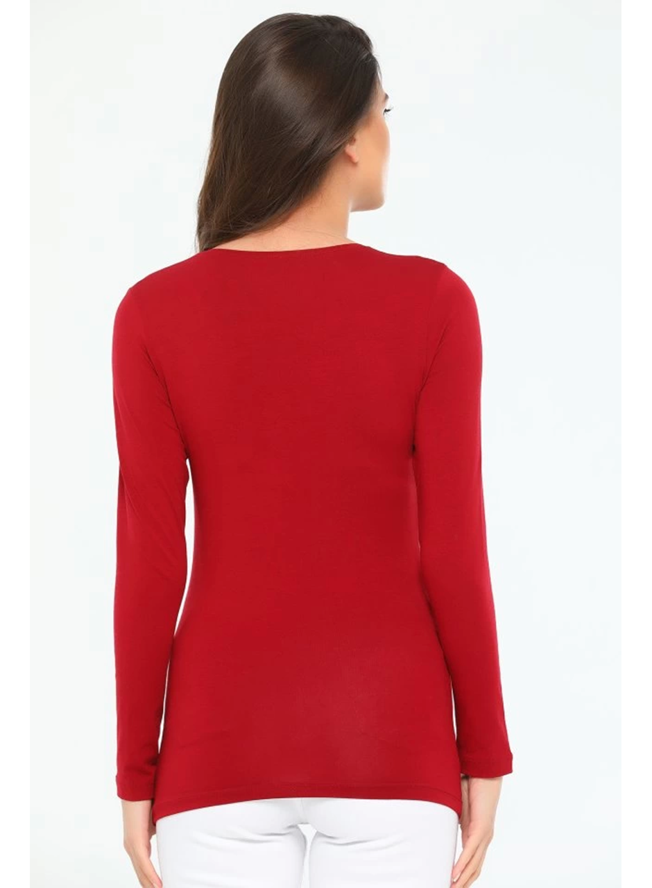 Rahat Ve Şık Uzun Kollu Bisiklet Yaka Likralı Viskon Penye Body Bordo (