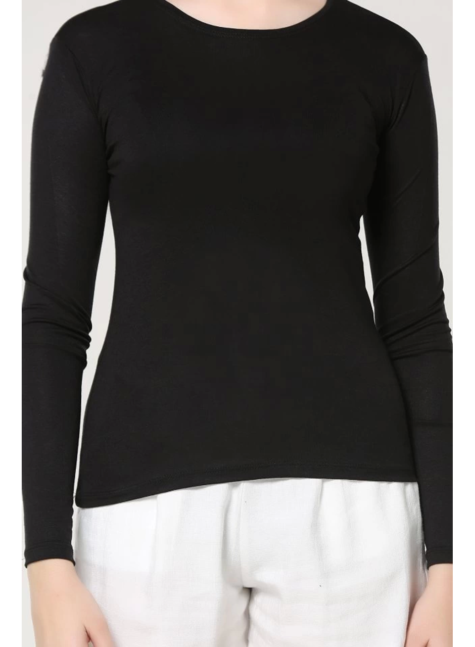 Rahat Ve Şık Uzun Kollu Bisiklet Yaka Likralı Viskon Penye Body Siyah (