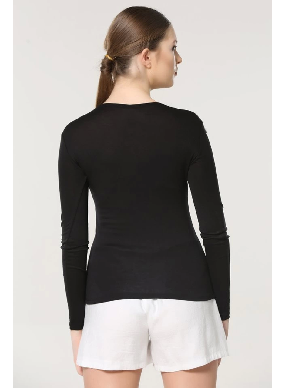 Rahat Ve Şık Uzun Kollu Bisiklet Yaka Likralı Viskon Penye Body Siyah (