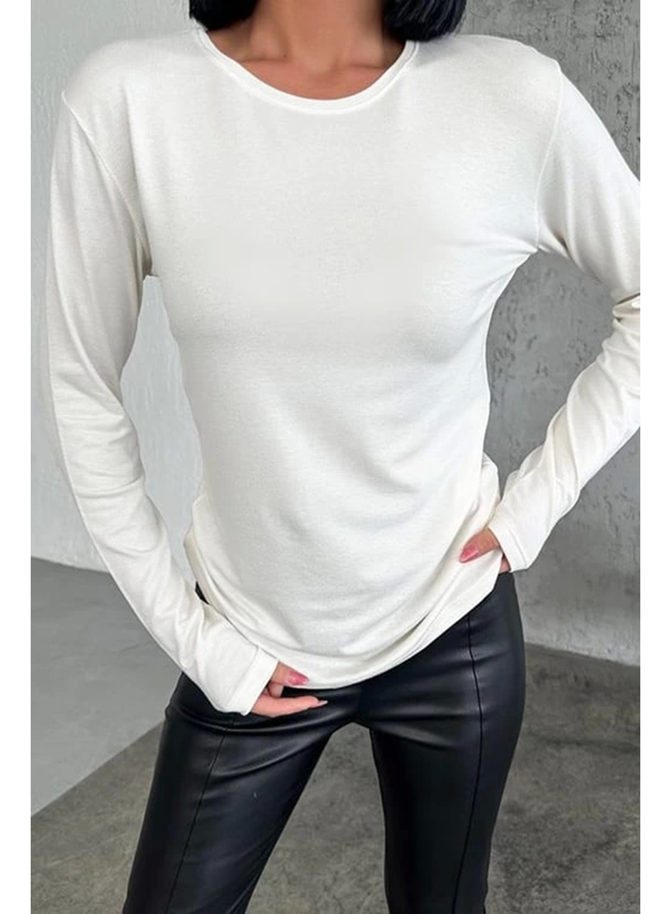 Rahat Ve Şık Uzun Kollu Bisiklet Yaka Likralı Viskon Penye Body Ekru (