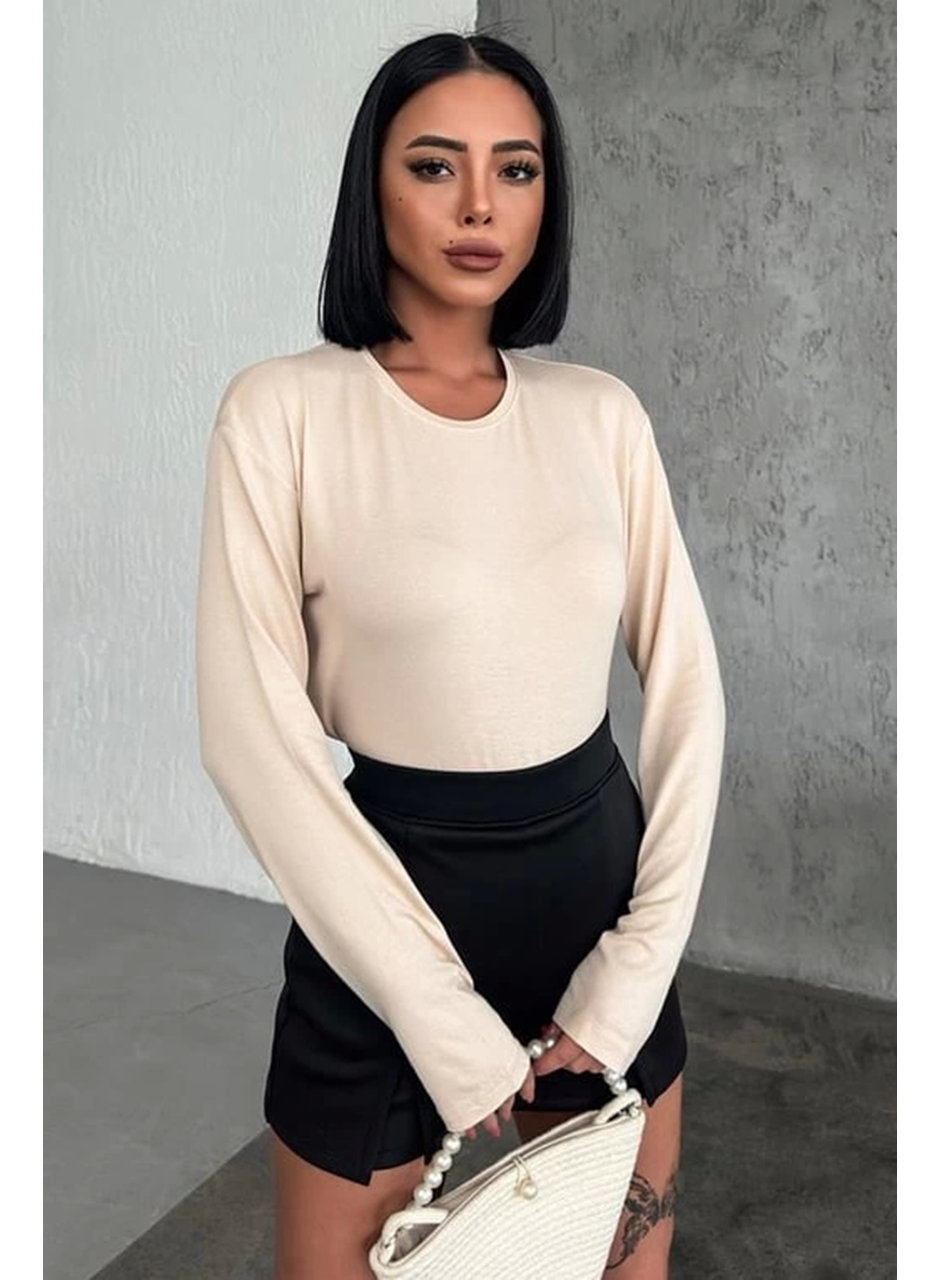 Rahat Ve Şık Uzun Kollu Bisiklet Yaka Likralı Viskon Penye Body Bej (