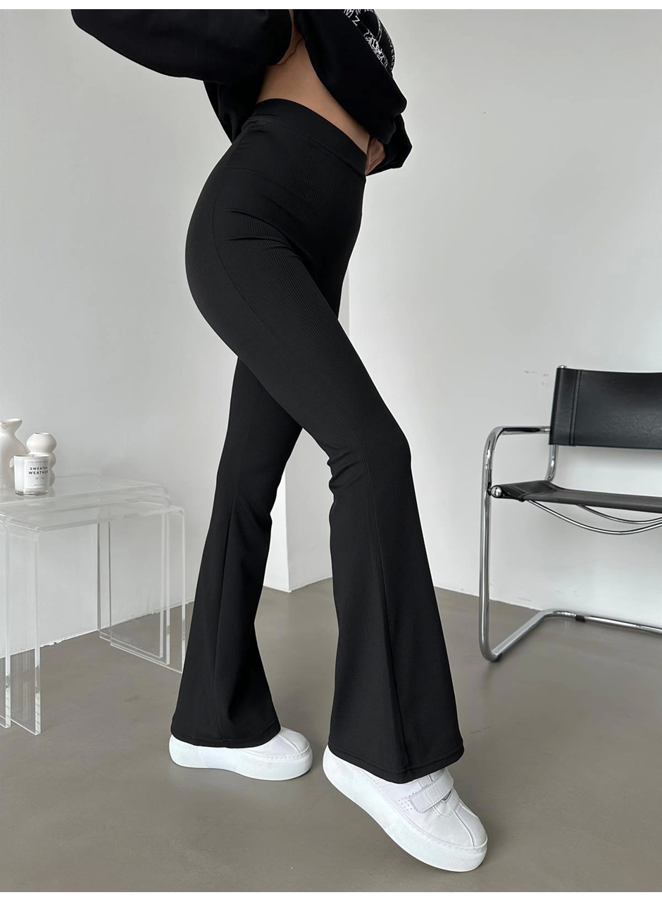 Şık Ve Rahat Yüksek Bel İspanyol Paça Fitilli Toparlayıcı Siyah Tayt (