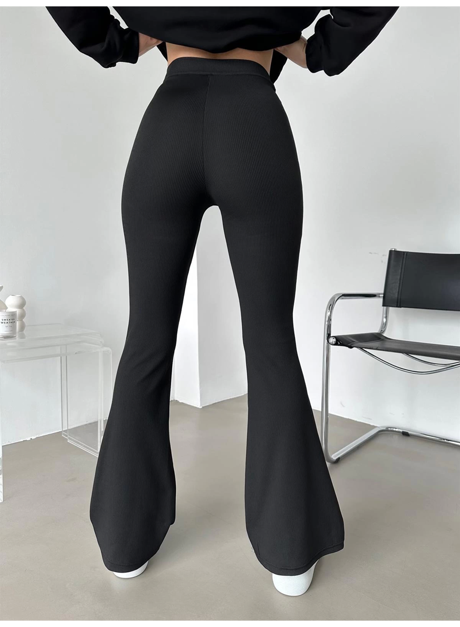 Şık Ve Rahat Yüksek Bel İspanyol Paça Fitilli Toparlayıcı Siyah Tayt (