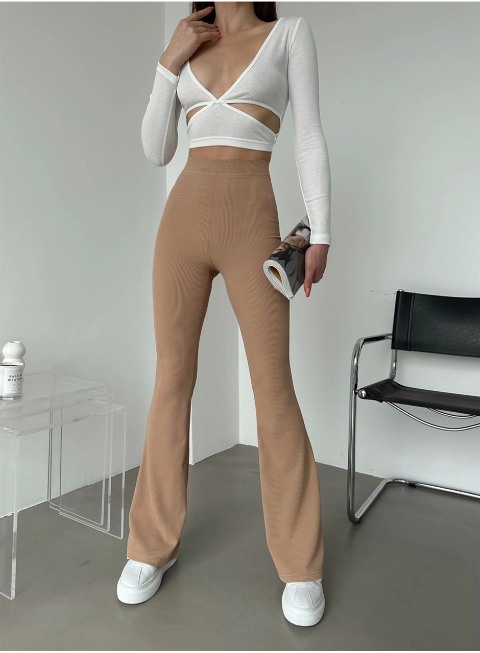 Şık Ve Rahat Yüksek Bel İspanyol Paça Fitilli Toparlayıcı Bej Tayt (