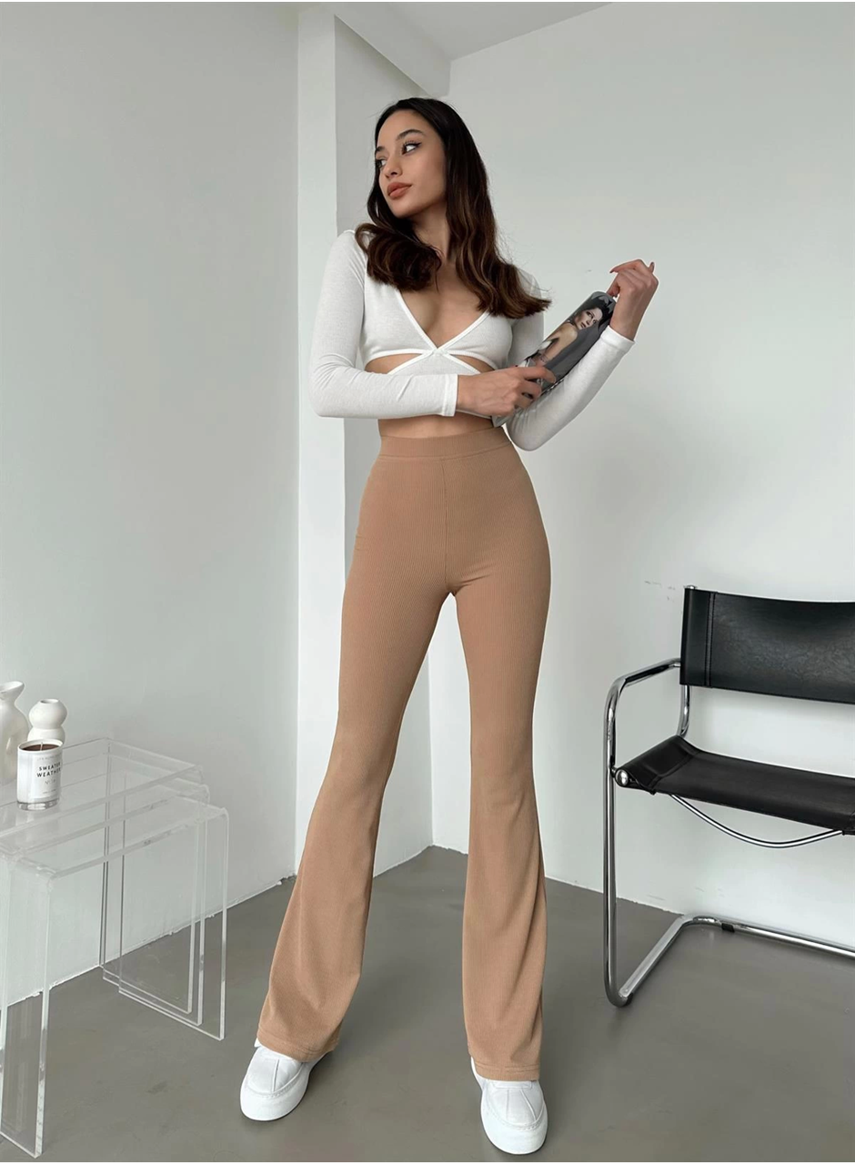 Şık Ve Rahat Yüksek Bel İspanyol Paça Fitilli Toparlayıcı Bej Tayt (