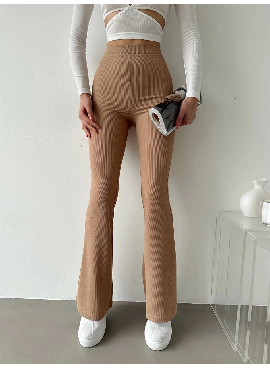 Şık Ve Rahat Yüksek Bel İspanyol Paça Fitilli Toparlayıcı Bej Tayt (