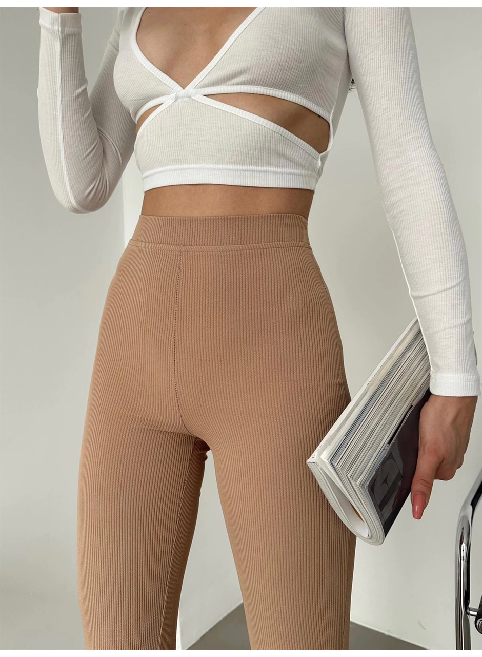 Şık Ve Rahat Yüksek Bel İspanyol Paça Fitilli Toparlayıcı Bej Tayt (