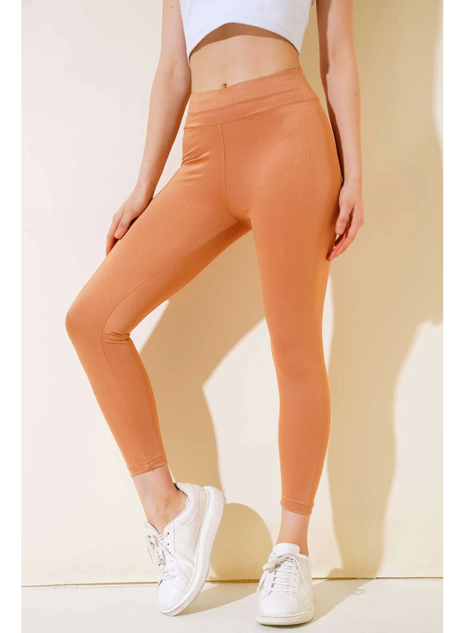 Esnek Yüksek Bel Taba Uzun Parlak Disco Tayt (