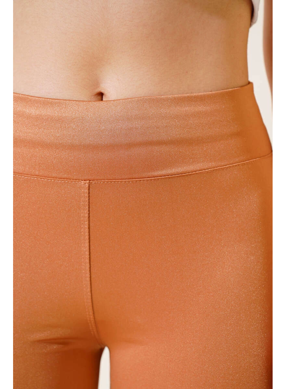 Esnek Yüksek Bel Taba Uzun Parlak Disco Tayt (