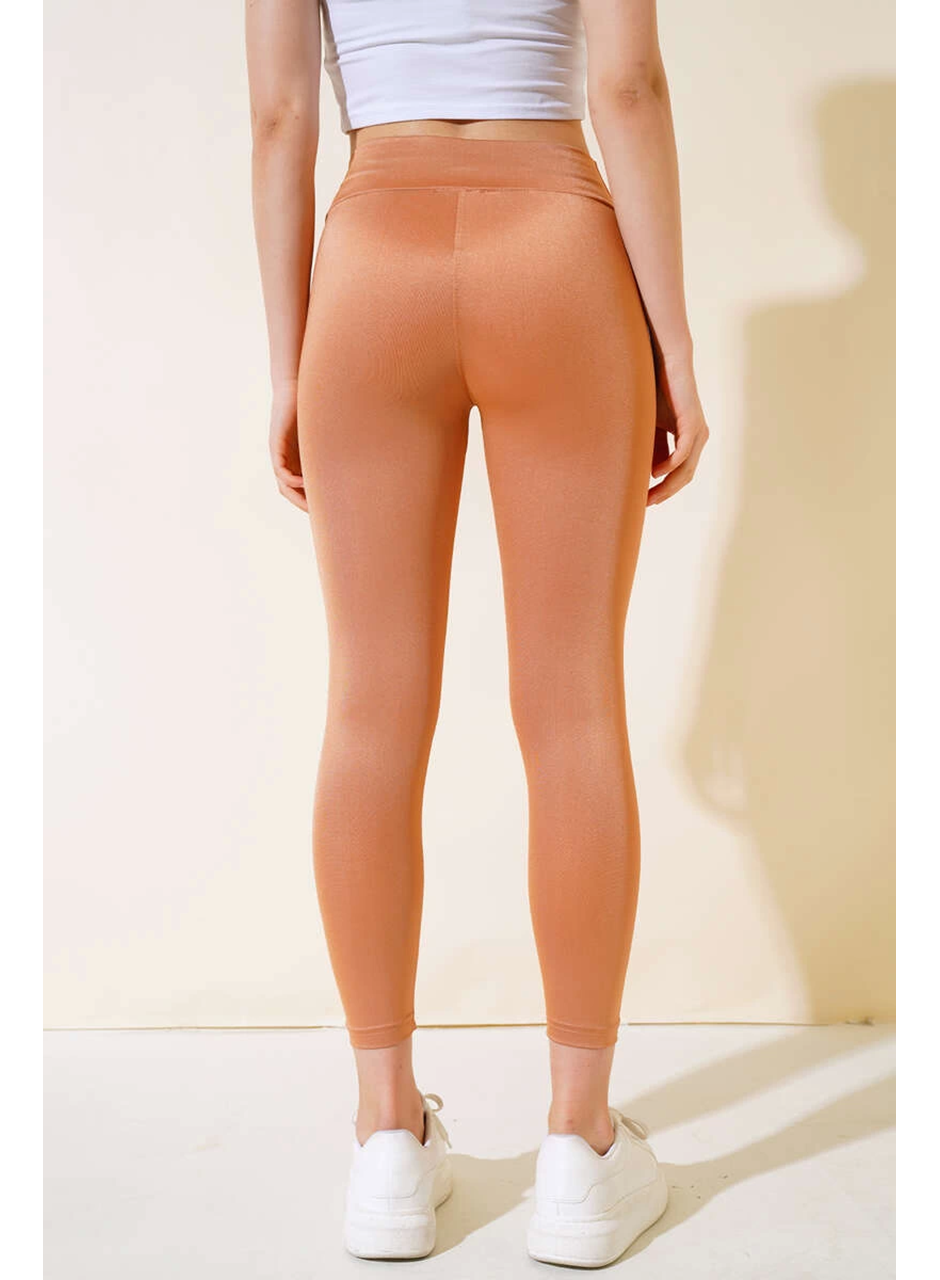 Esnek Yüksek Bel Taba Uzun Parlak Disco Tayt (