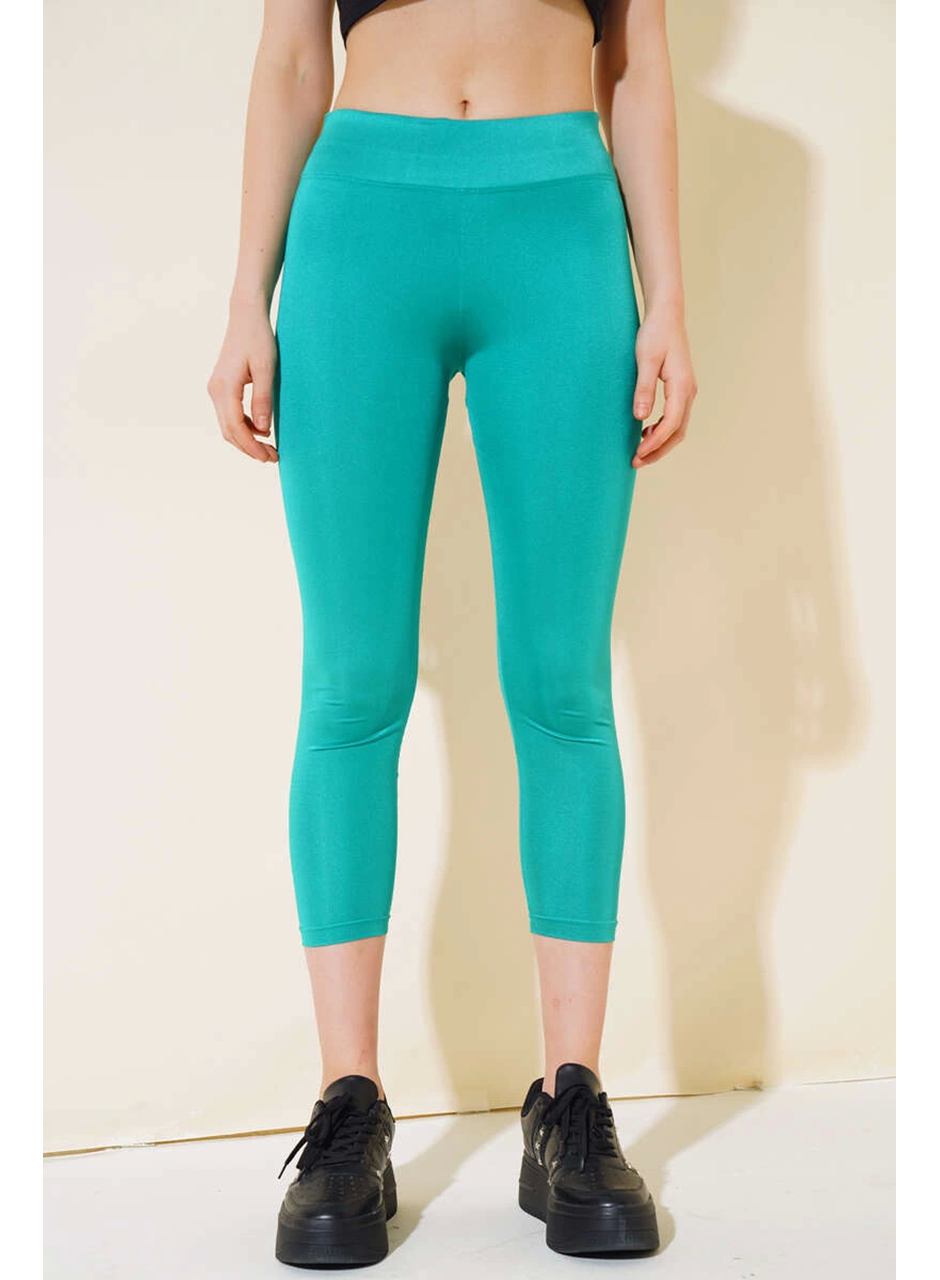 Esnek Yüksek Bel Yeşil Uzun Parlak Disco Tayt (