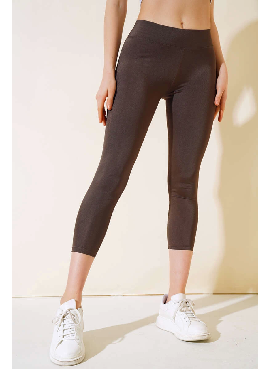 Esnek Yüksek Bel Kahverengi Uzun Parlak Disco Tayt (