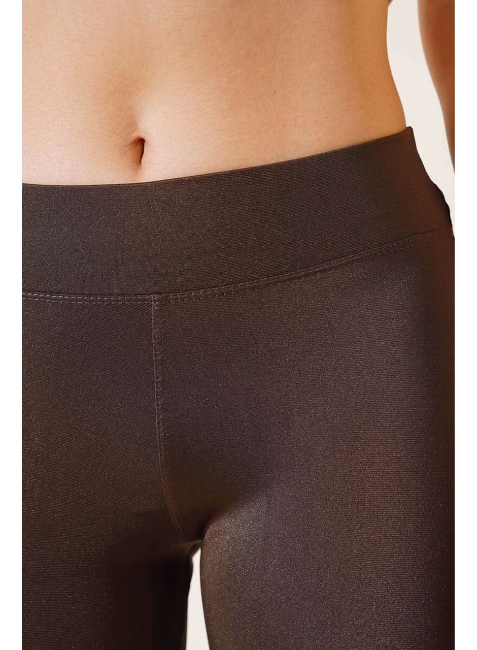 Esnek Yüksek Bel Kahverengi Uzun Parlak Disco Tayt (