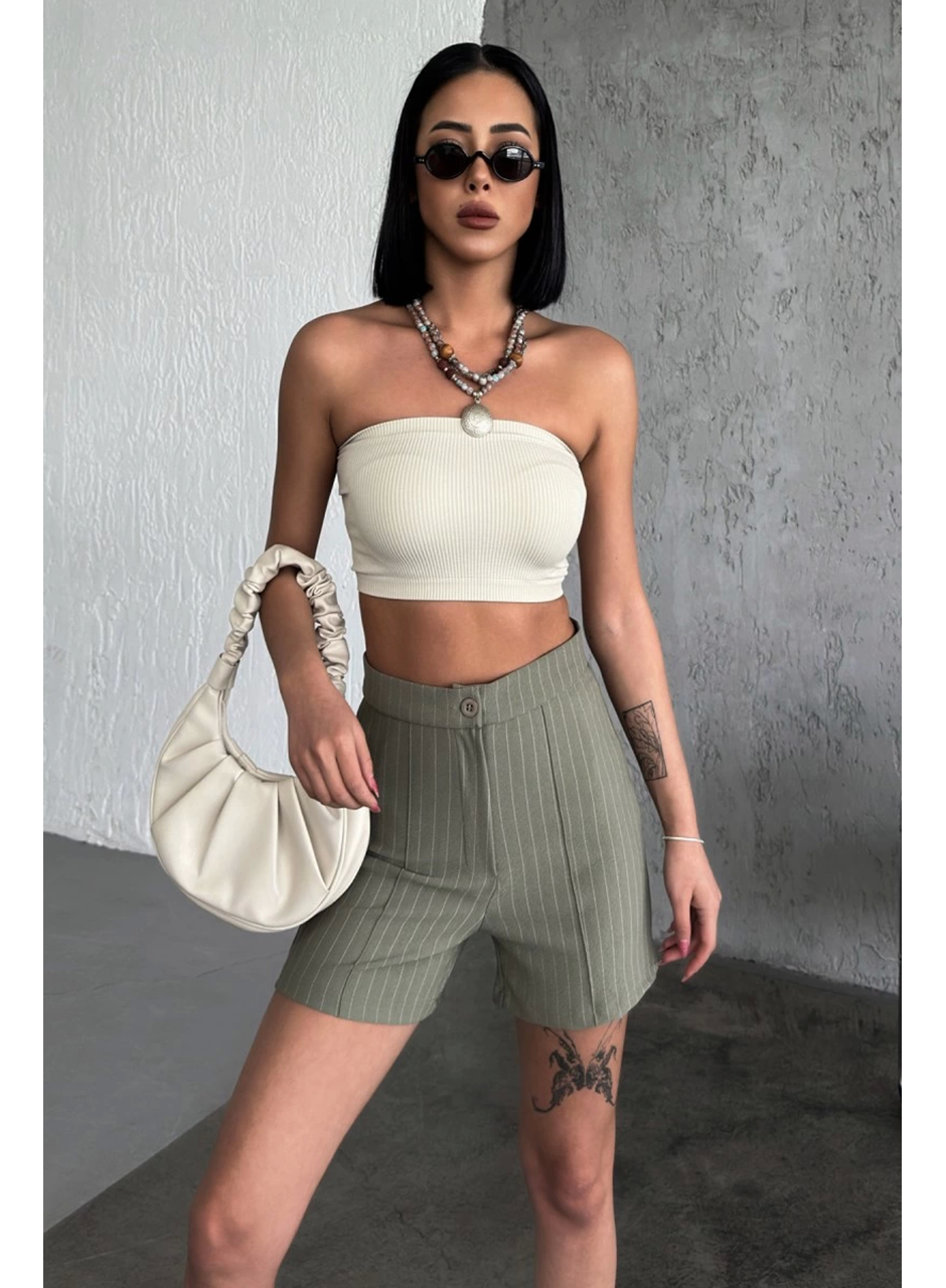 Zarif ve Şıklığı Bir Arada Sunan Yüksek Bel Krep Esnek Çimalı Çizgili Şort Haki (