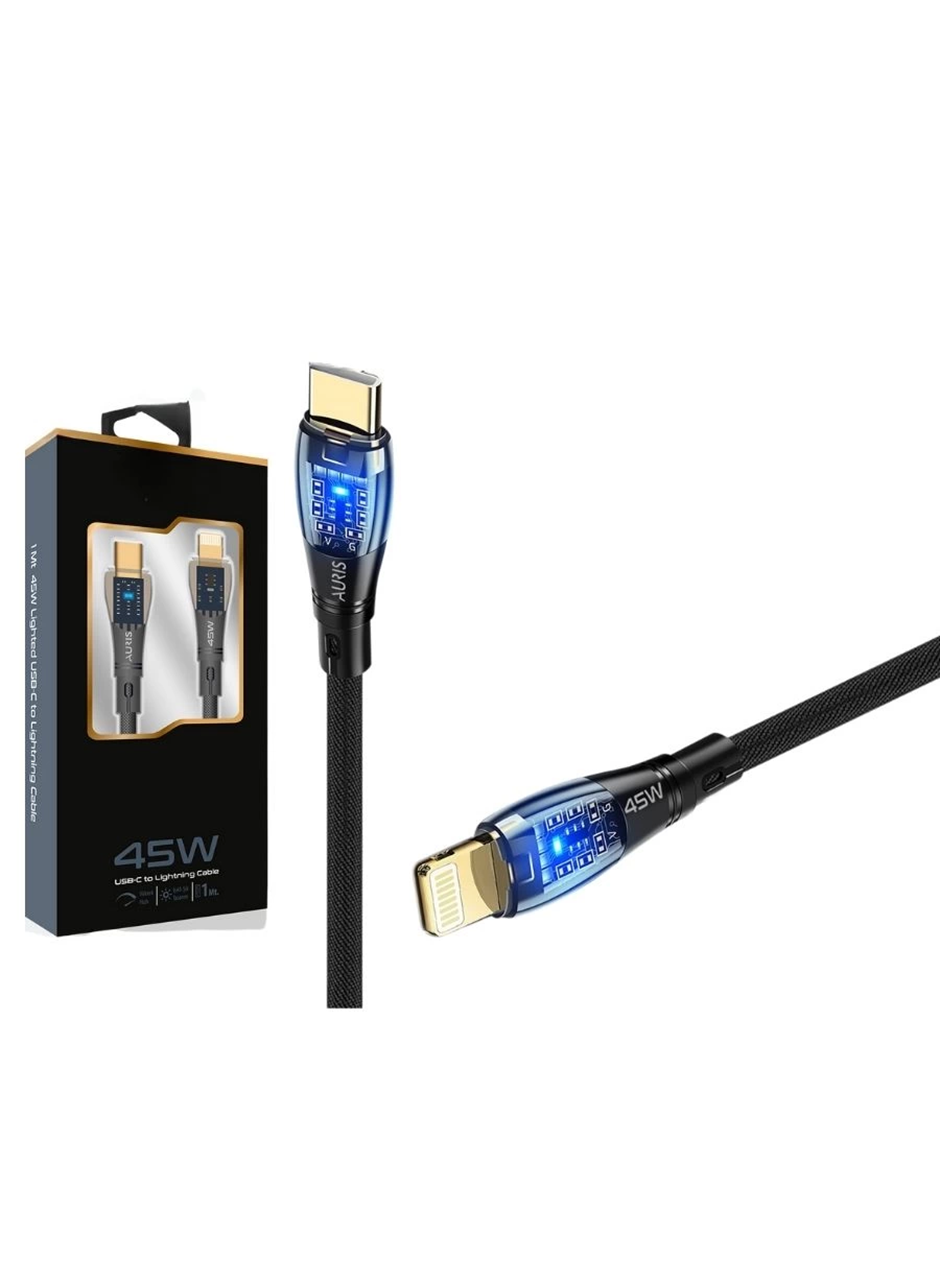 45W USB-C Lightning Işıklı Şeffaf Kablo Hızlı Şarj, Dayanıklı Tasarım, iPhone ve iPad Uyumlu (