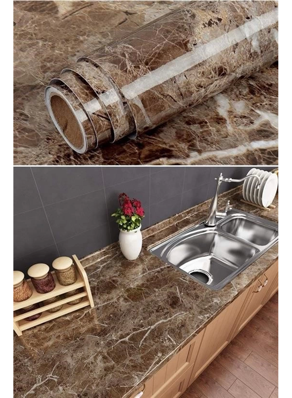Mermer Desenli Masa Tezgah Mutfak Su Geçirmez Yapışkanlı Folyo Sticker Kahverengi 5x0,6m (