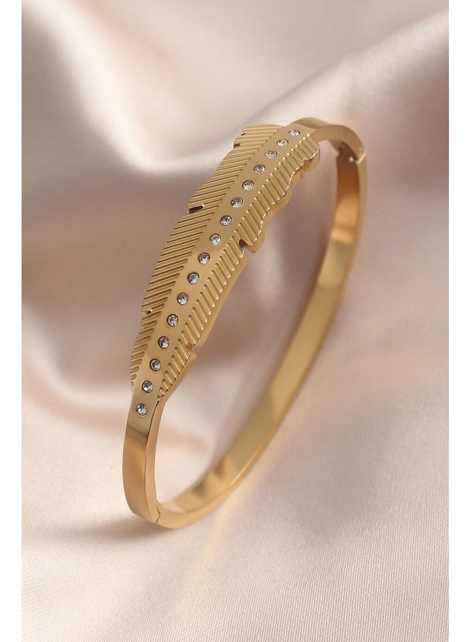 Gold Renk Yaprak Model Zirkon Taş Detay Kelepçe Kadın Bileklik