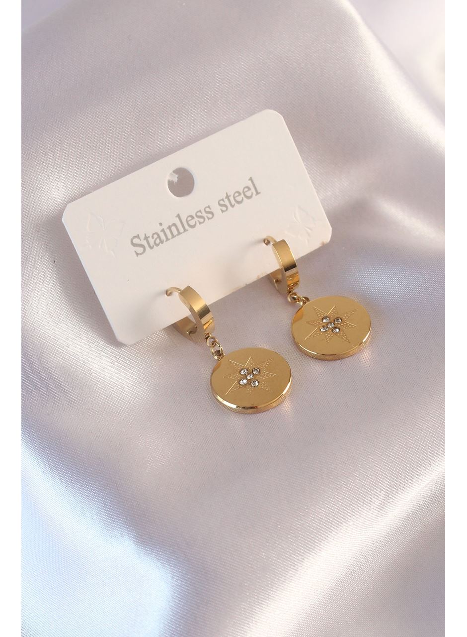 Çelik Gold Renk Kutup Yıldızı İşleme Zirkon Taşlı Kadın Küpe