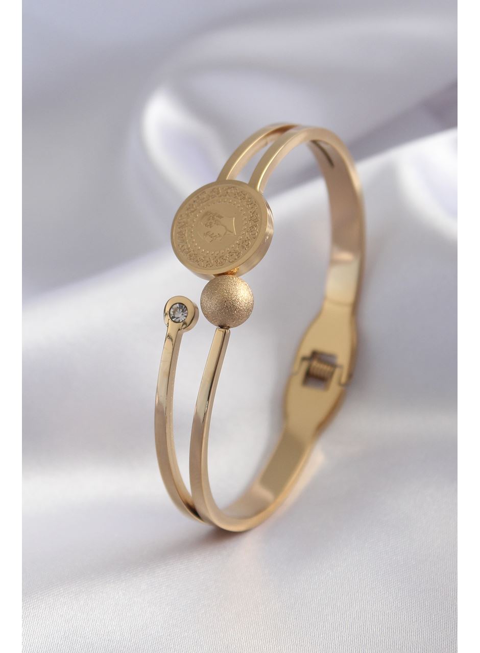 316L Çelik Gold Renk Çeyrek Altın Zirkon Taş Detay Kadın Kelepçe