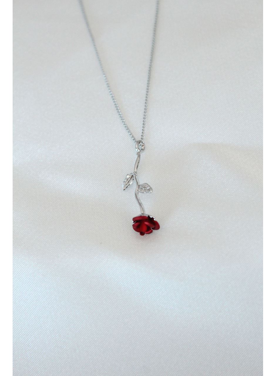 Gümüş Kaplama Kırmızı Gül Figürlü Kadın Kolye