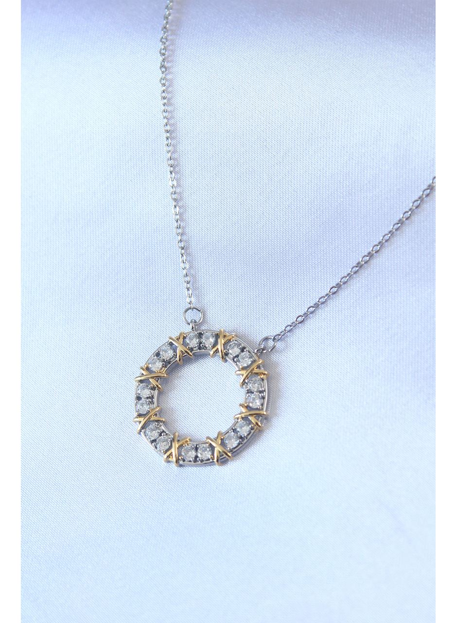 316L Çelik Gümüş Renk Zirkon Taşlı Gold Detay Xoxo Kadın Kolye