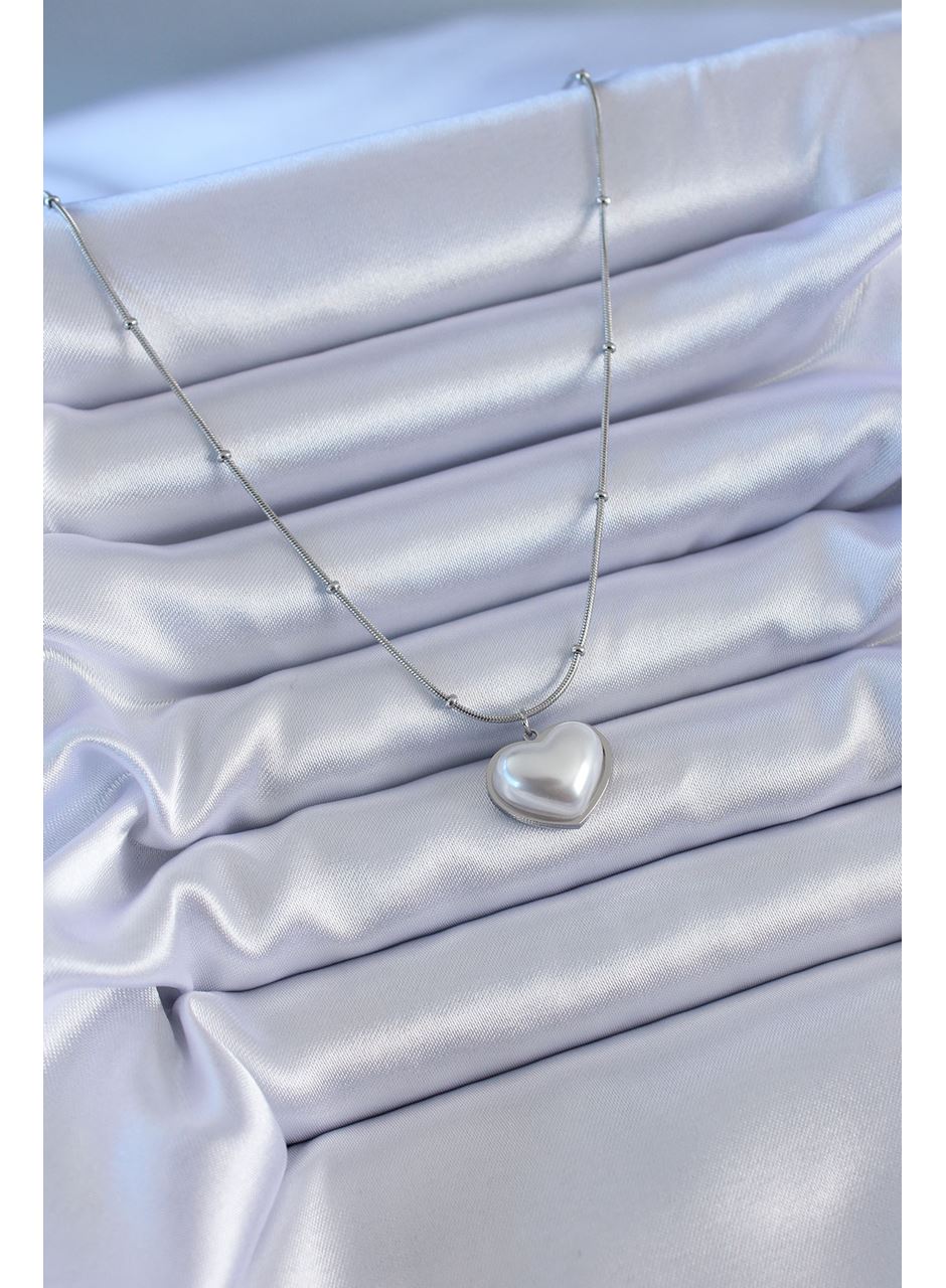 316L Çelik Gümüş Renk İncili Kalp Model Minimal Top Detay Kadın Kolye