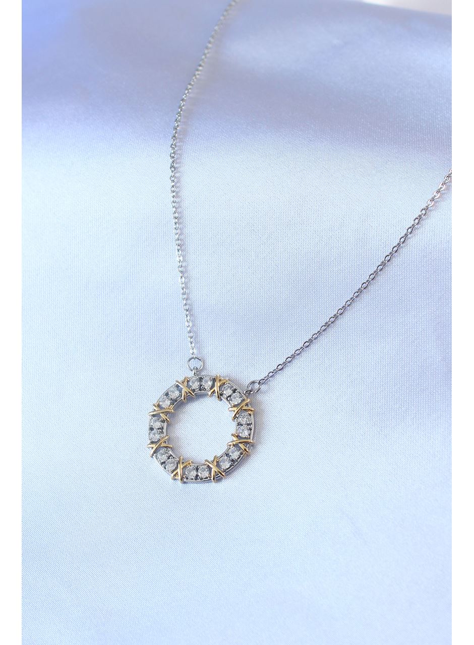 316L Çelik Gümüş Renk Zirkon Taşlı Gold Detay Xoxo Kadın Kolye