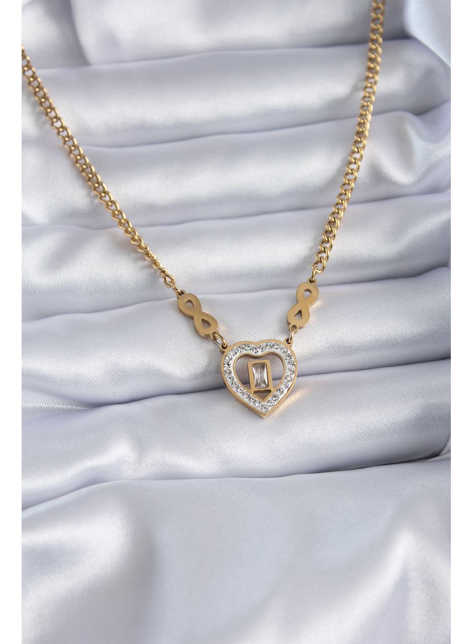 316L Çelik Gold Renk Zirkon Taşlı Kalp Model Sonsuzluk Detay Kadın Kolye