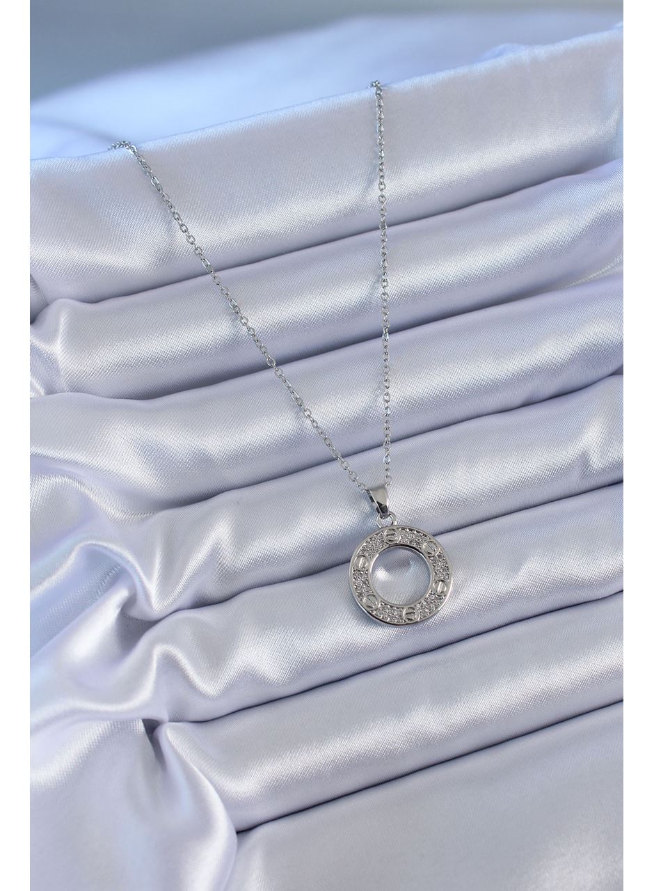 316L Çelik Gümüş Renk Zirkon Taşlı Model Kadın Kolye