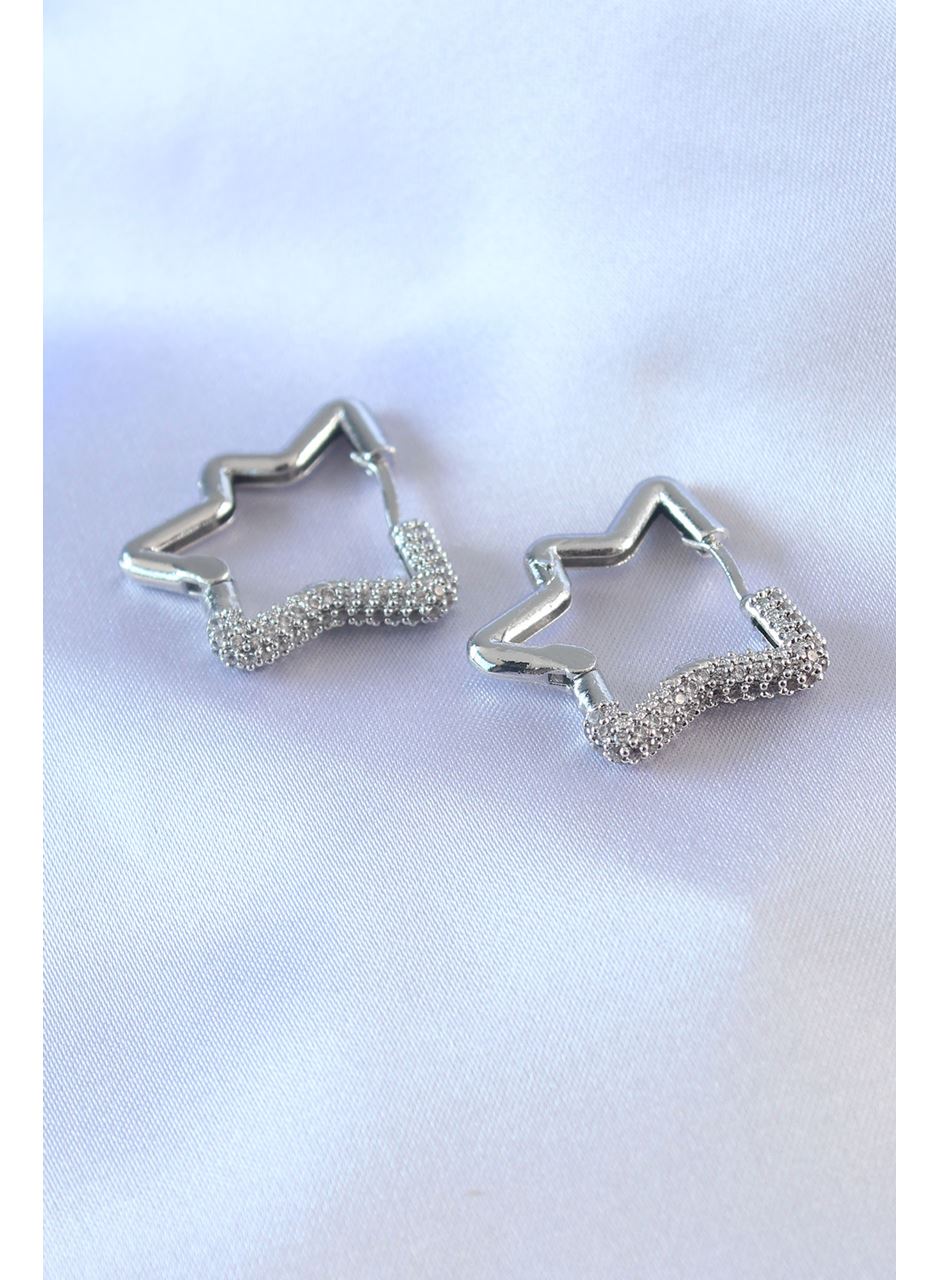 Gümüş Renk Yıldız Model Zirkon Taşlı Pirinç Kadın Küpe