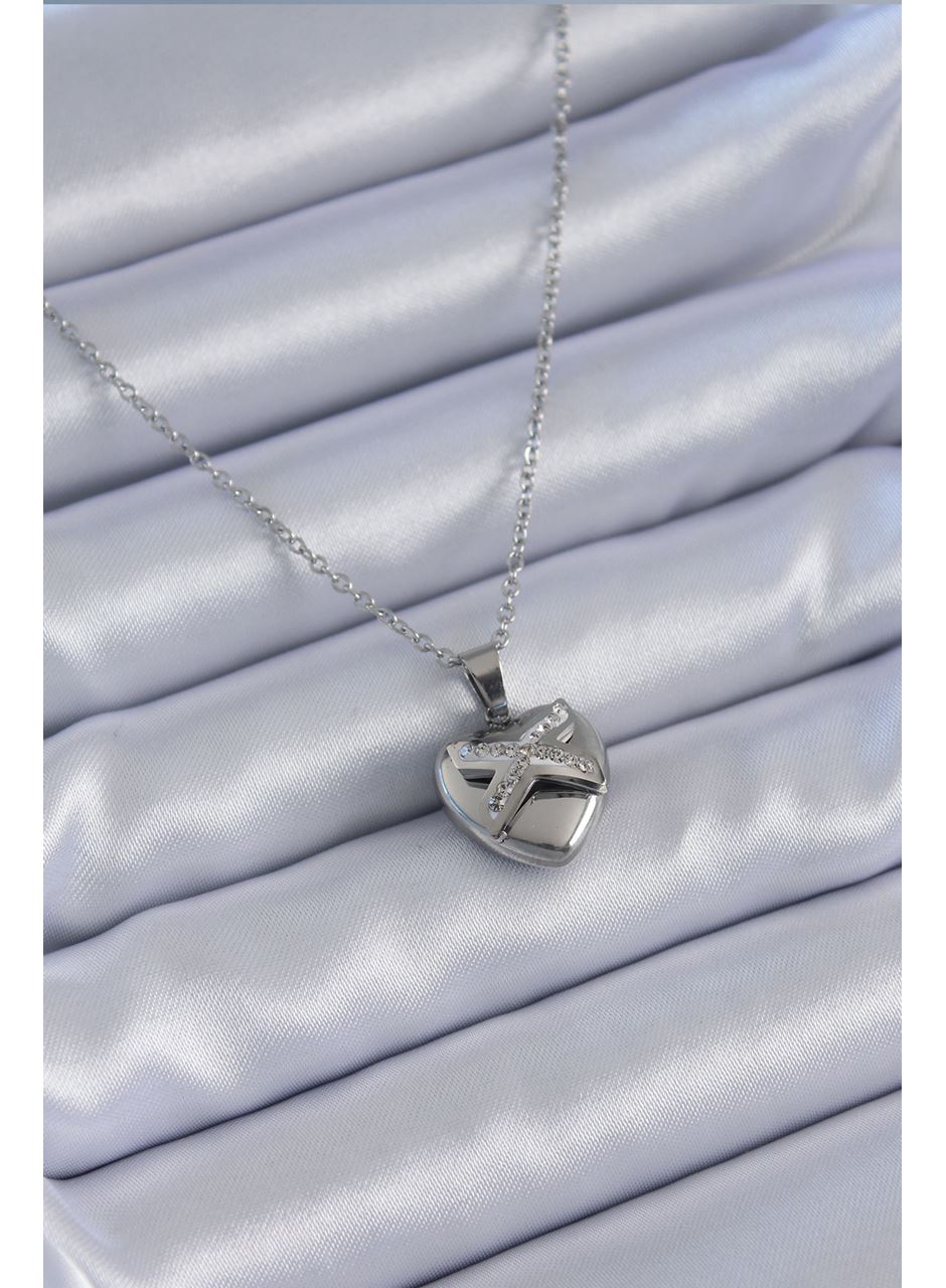 316L Çelik Gümüş Renk Zirkon Taşlı Kalp Model Kadın Kolye