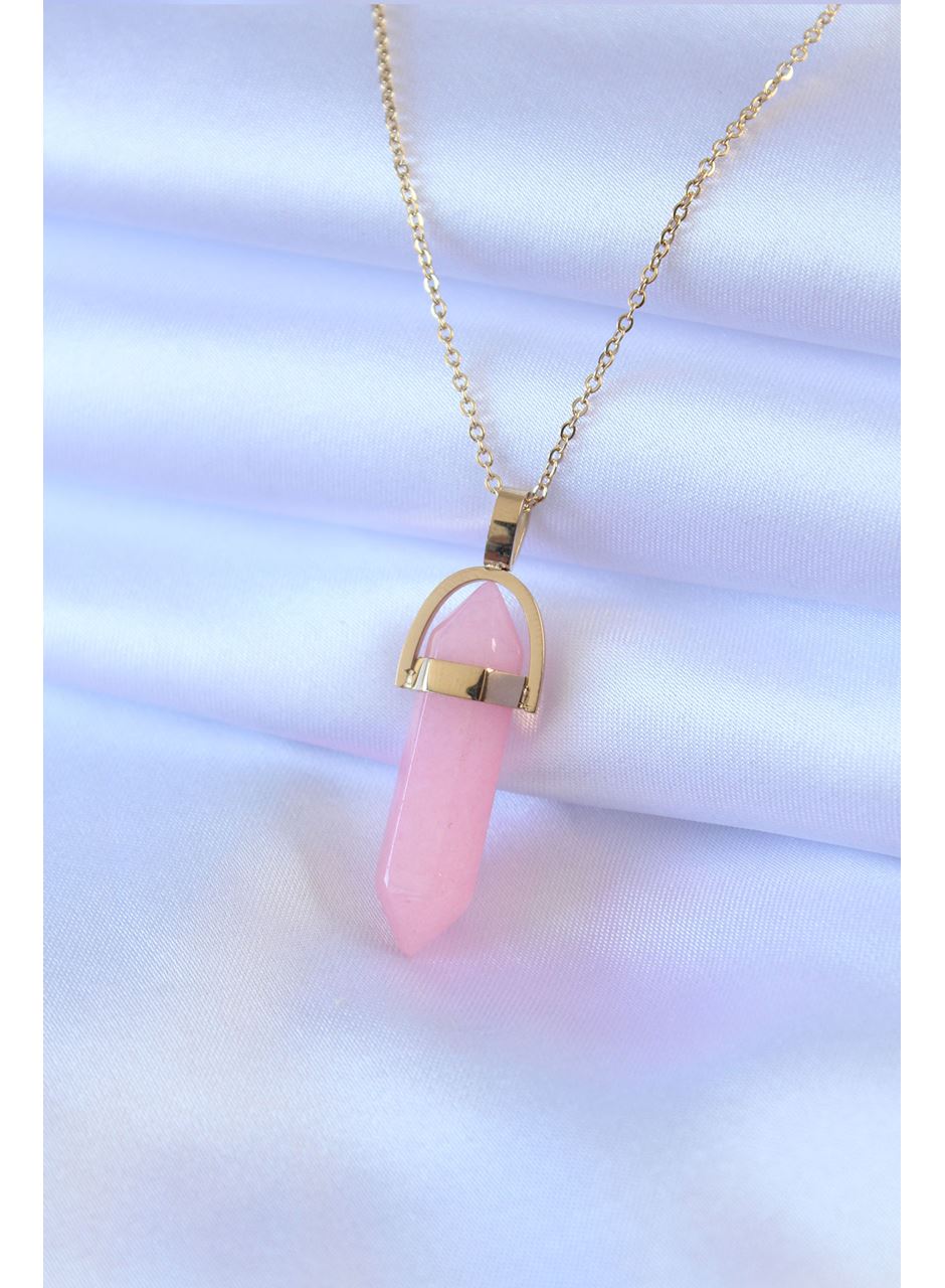 316L Çelik Gold Renk Kristal Pembe Taş Model Kadın kolye