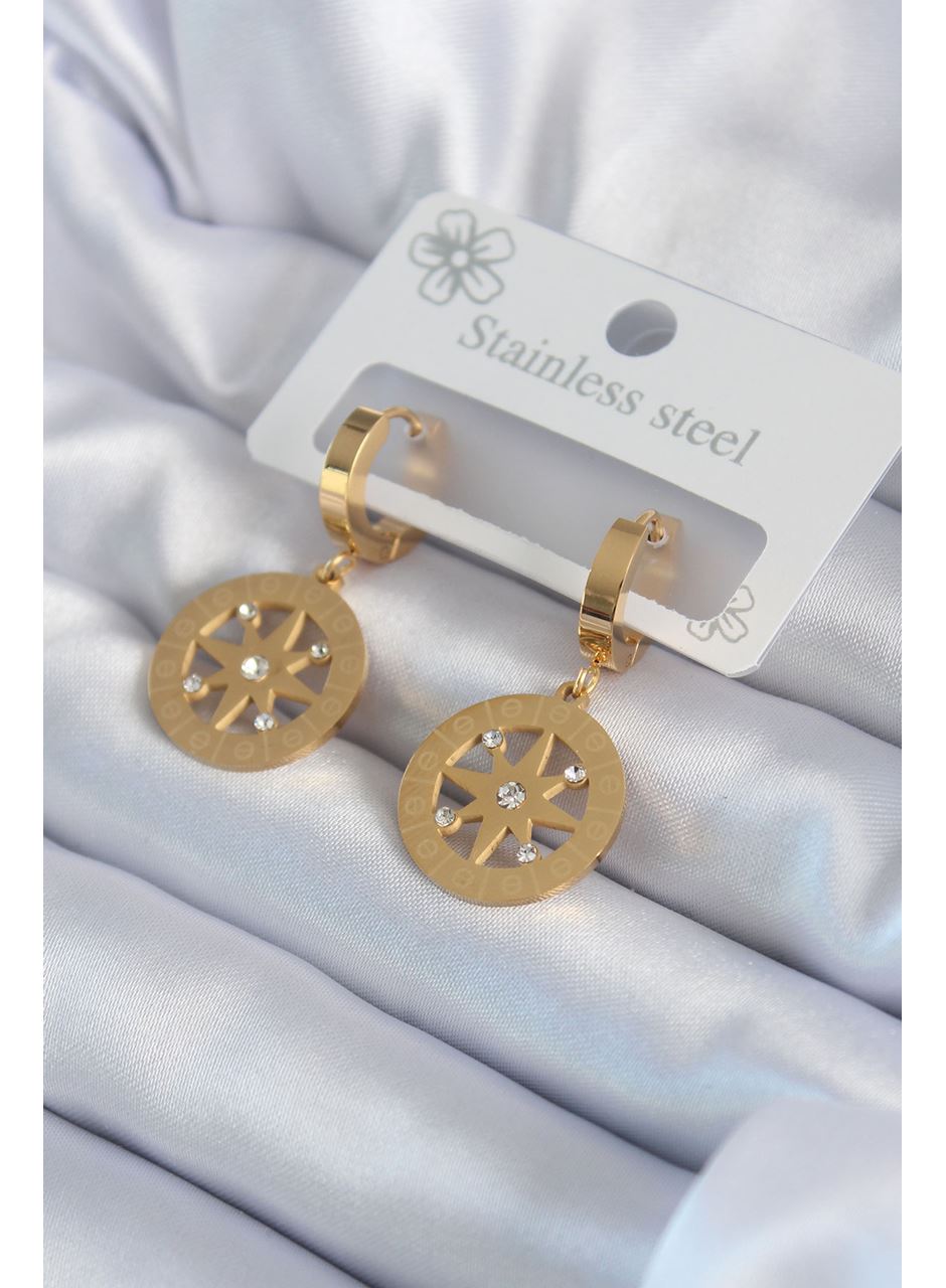 316L Çelik Gold Renk Kutup Yıldızı Model İşleme Detay Zirkon Taşlı Kadın Küpe