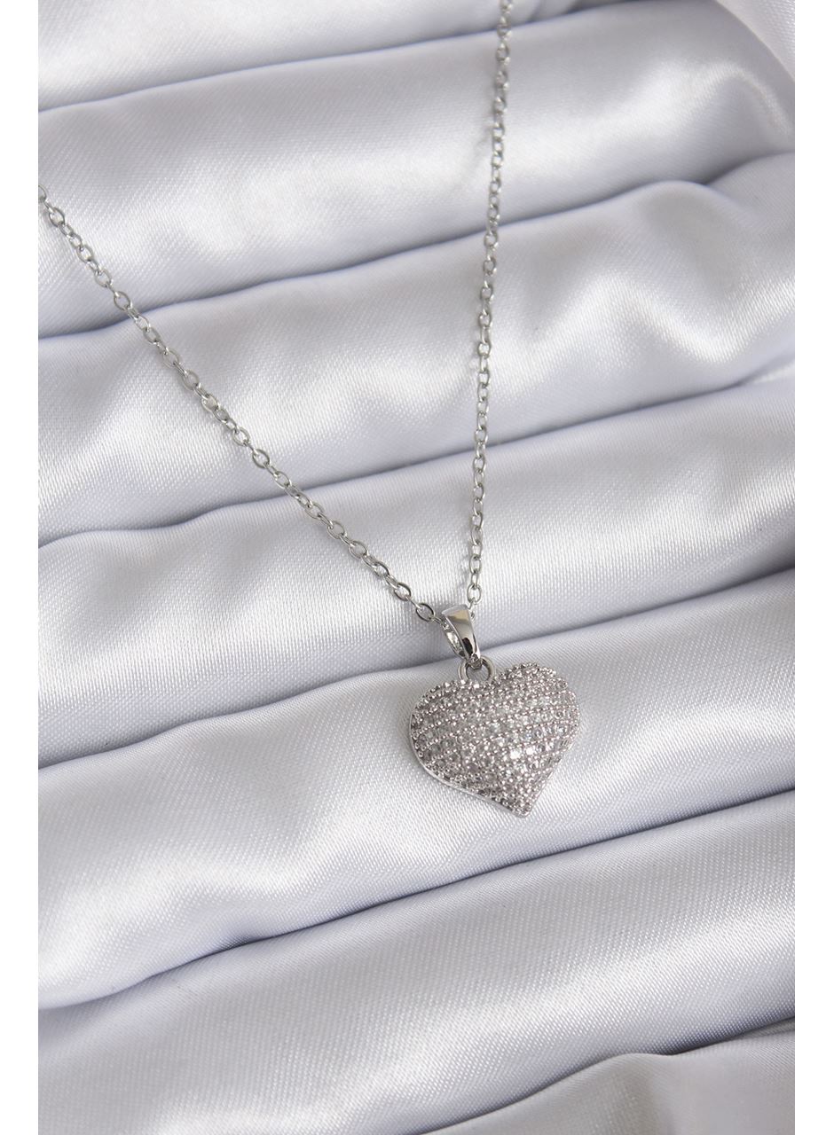 316L Çelik Zincir Gümüş Renk Zirkon Taş Detay Kalp Model Kadın Kolye