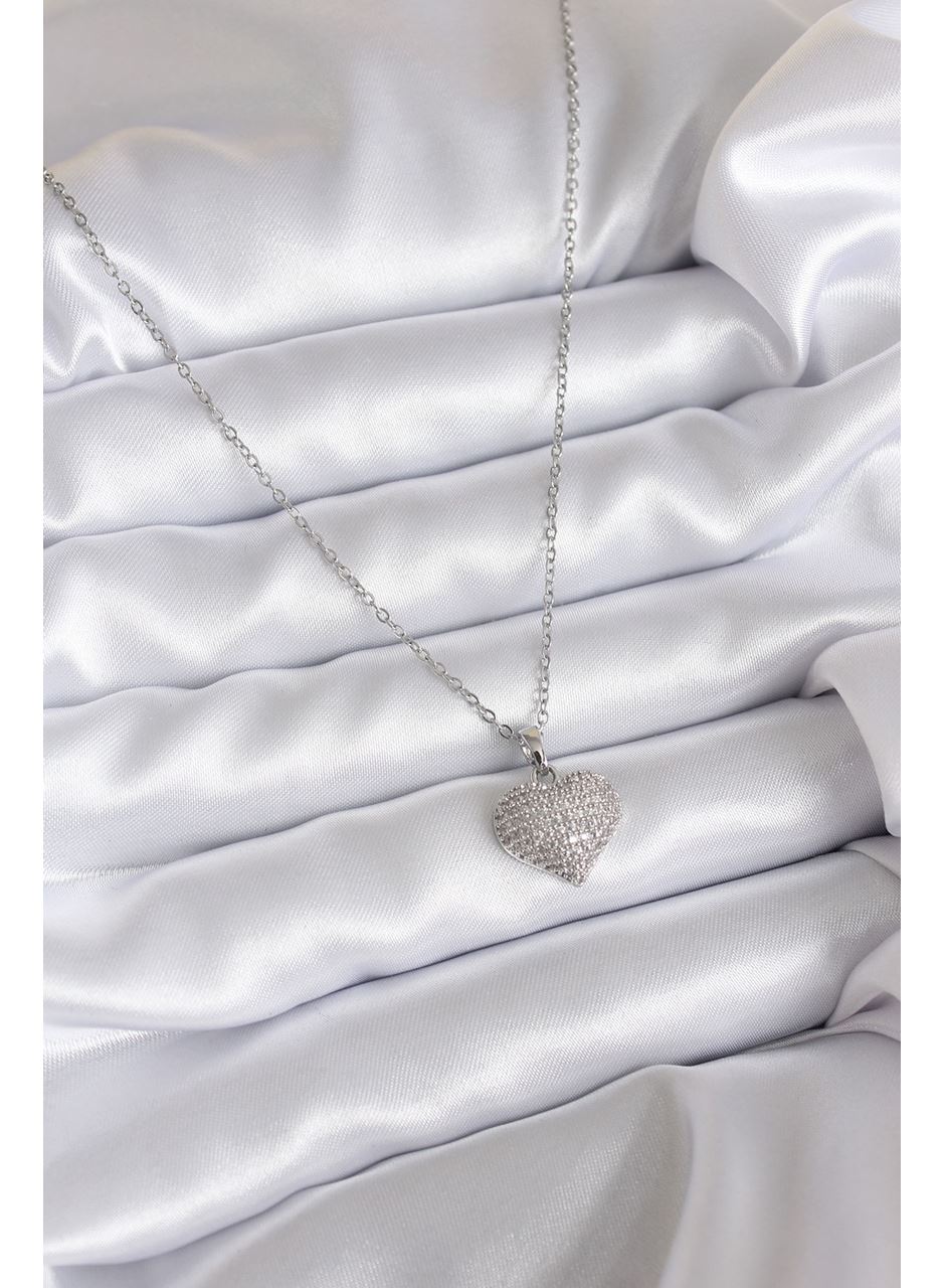 316L Çelik Zincir Gümüş Renk Zirkon Taş Detay Kalp Model Kadın Kolye