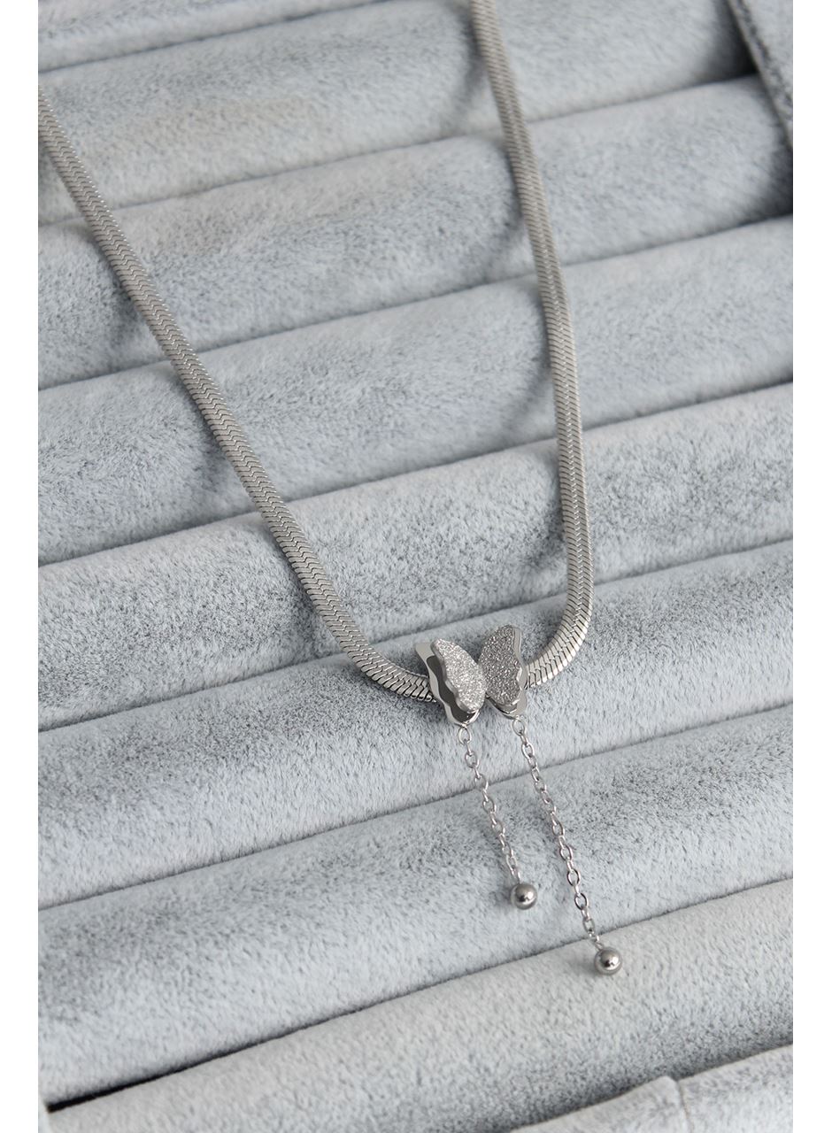 316L Çelik Gümüş Renk İtalyan Zincir Model Simli Kelebek Figür Kadın Kolye