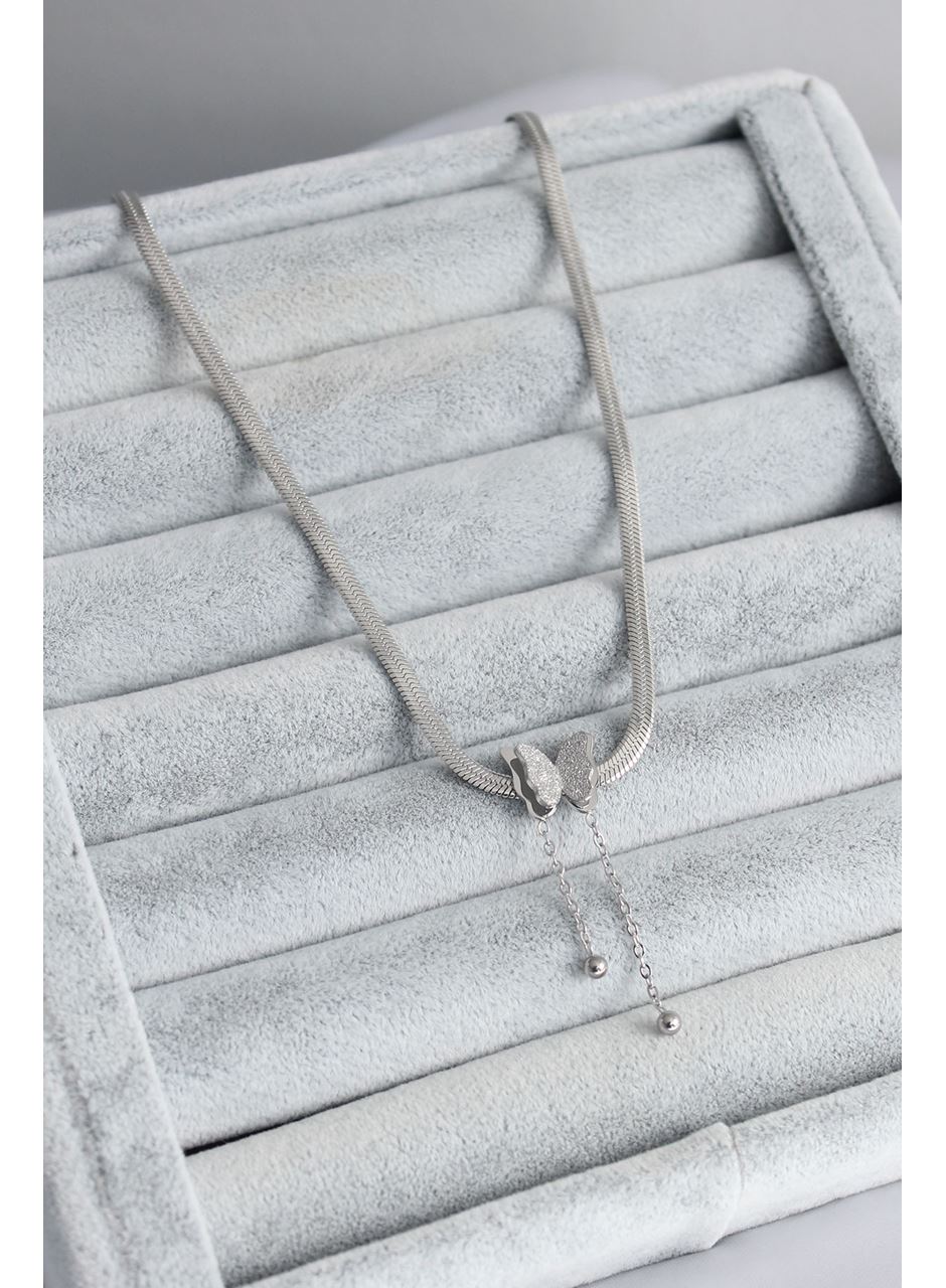 316L Çelik Gümüş Renk İtalyan Zincir Model Simli Kelebek Figür Kadın Kolye