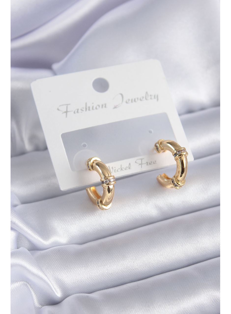 Gold Renk Zirkon Taş Detay Halka Model Pirinç Kadın Küpe