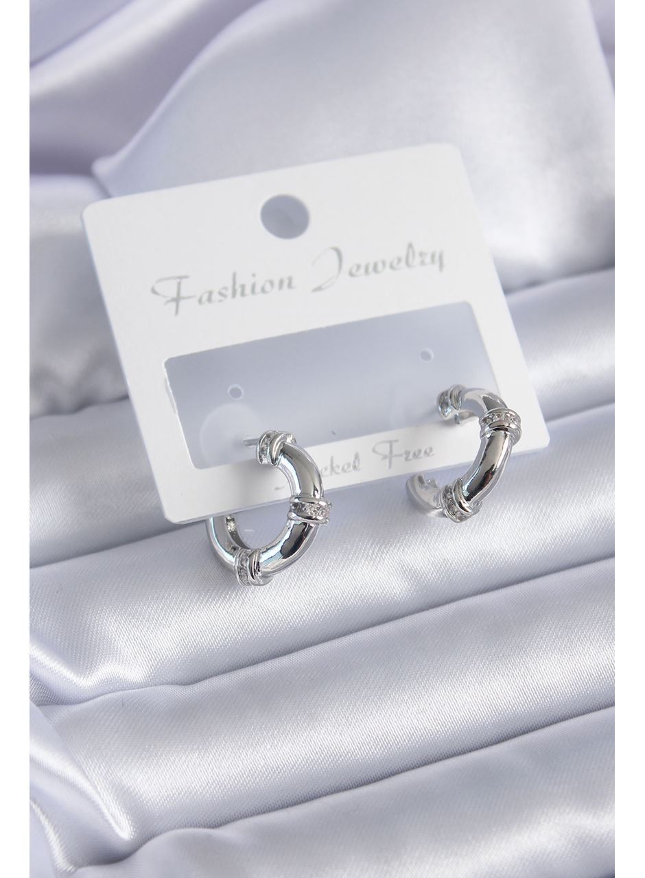 Gümüş Renk Zirkon Taşlı Halka Model Pirinç Kadın Küpe