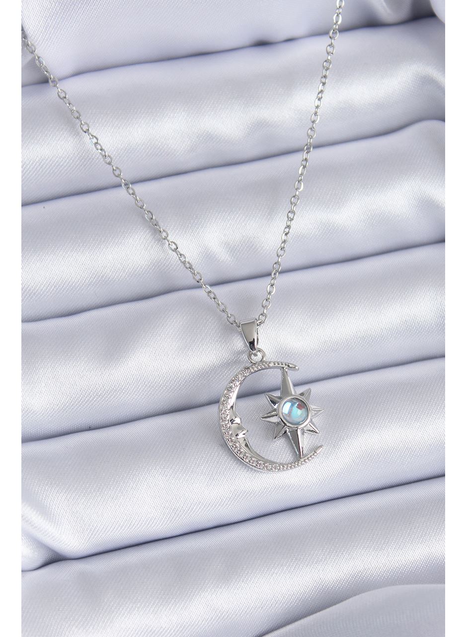 316L Çelik Gümüş Renk Zirkon Taşlı Ay Yıldız Model Kadın Kolye