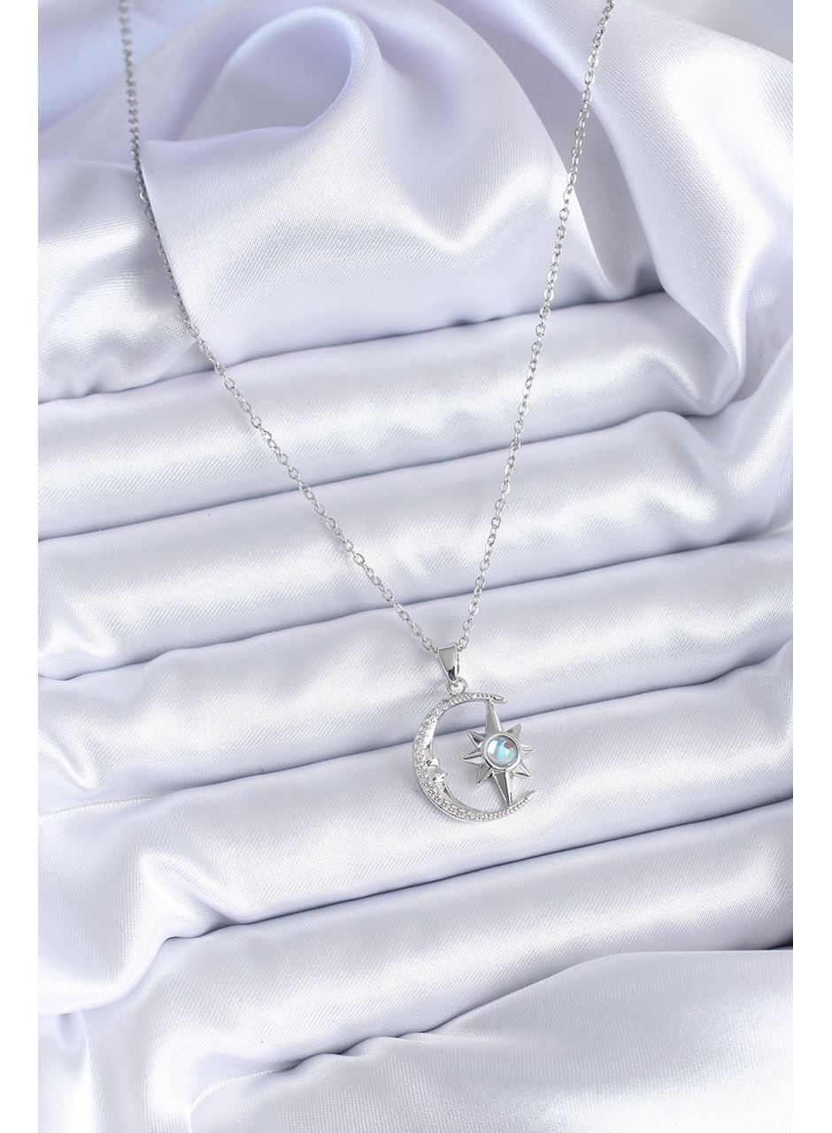 316L Çelik Gümüş Renk Zirkon Taşlı Ay Yıldız Model Kadın Kolye