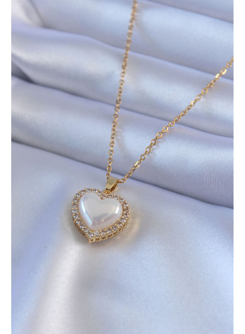 316L Çelik Gold Renk İncili Kalp Model Zirkon Taşlı Kadın Kolye