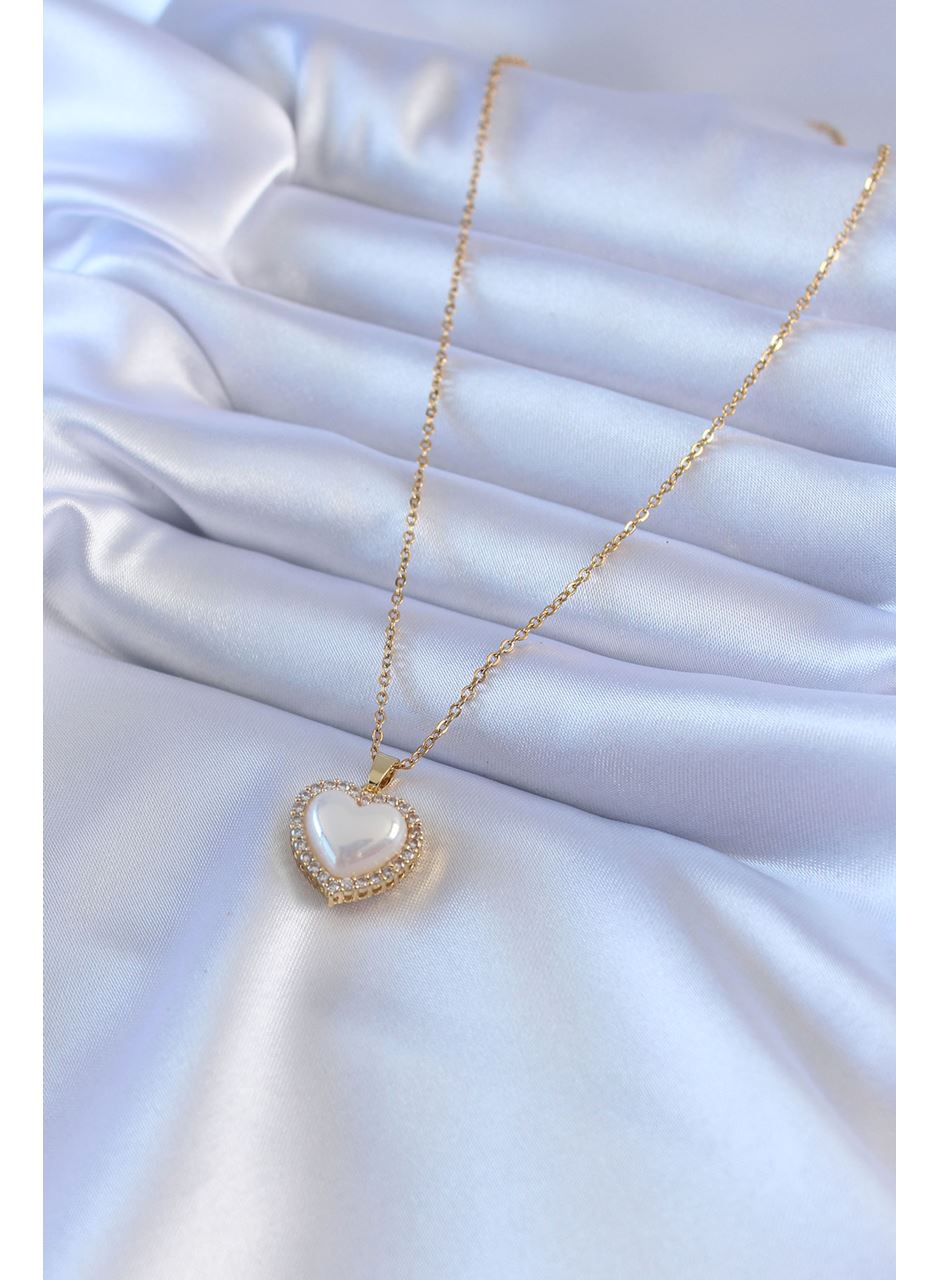 316L Çelik Gold Renk İncili Kalp Model Zirkon Taşlı Kadın Kolye