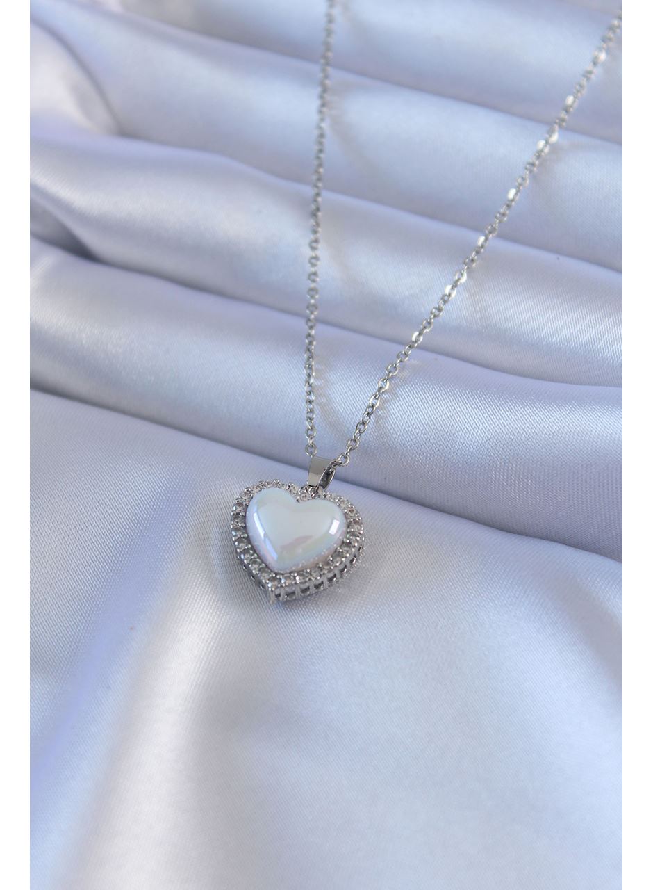 316L Çelik Gümüş Renk İncili Kalp Model Zirkon Taşlı Kadın Kolye