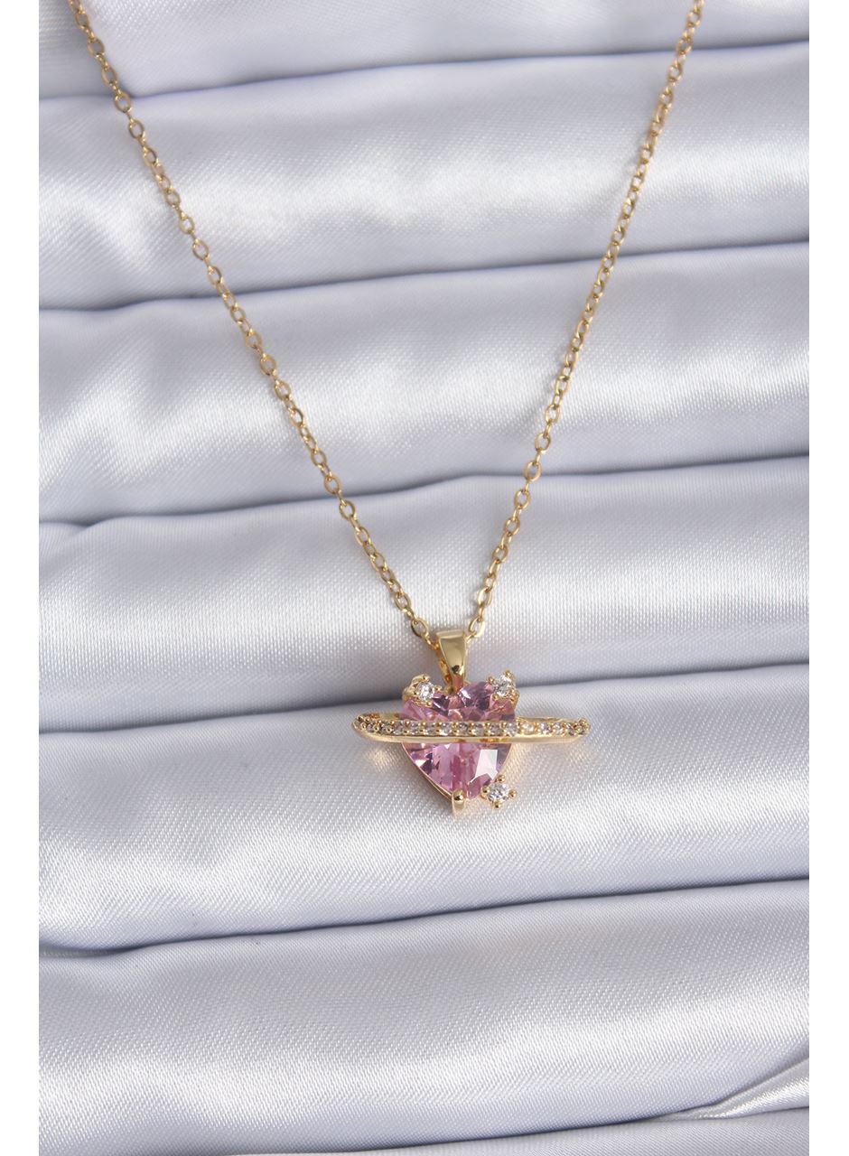 316L Çelik Gold Renk Zincir Pembe Kristal Kalp Model Zirkon Taş Detay Kadın Kolye